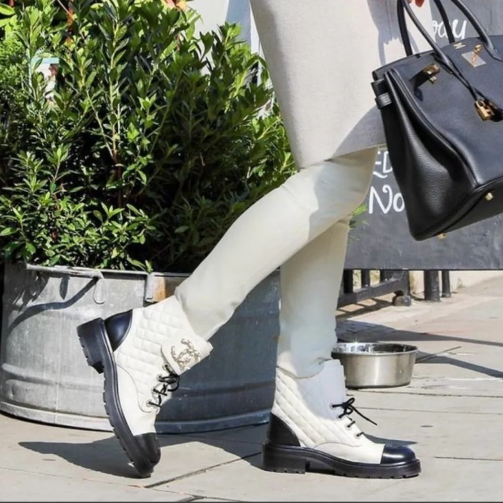 Chanel Shiny Goat Skin Interlocking CC Logo Combat Boots Size 39